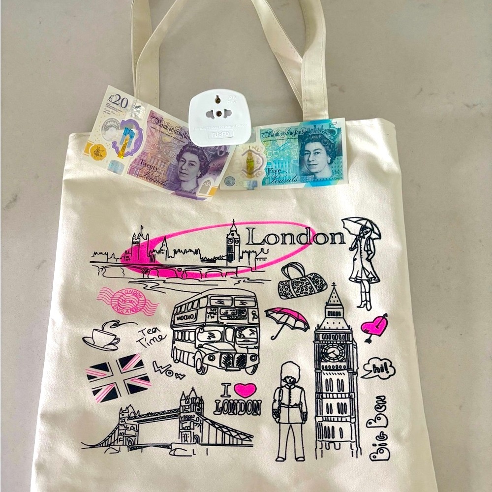 London tote bag, UK adapter and British pounds travel kit